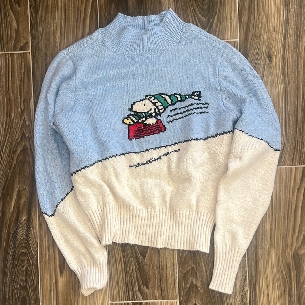 American Eagle Outfitters Light Blue and Cream Snoopy Sled Knit Sweater